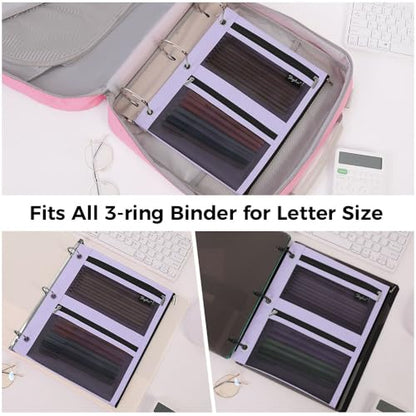 SKYDUE 3 Ring Pencil Pouch for Binder, Zipper Binder Pencil Pouch with 3 Pockets and Mesh Window, Durable Organizer for School Supplies, Cables, Earbuds, Makeup - color: Purple