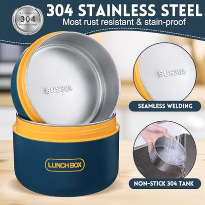 Dandat 2 Pcs Portable Insulated Lunch Containers Thermal Bento Box with Bag Fork Knife Stainless Steel Lunch Box 15.2 oz 21 oz Separate Stackable Food Jar for Adult Men Women(Navy Blue) - color: Navy Blue
