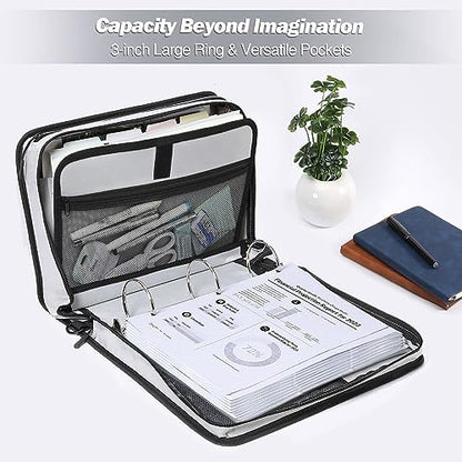 MoKo Zipper Binder with Strap, 3 Inch 3 O Ring, 600 Sheets, Black & Gray | Water-repellent nylon with 2 folders, 2 mesh pockets and a outer pockets, reinforced handle and adjustable shoulder strap. - color: Black