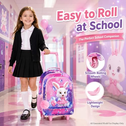 3Pcs Bunny Rolling Backpack for Girls, Kids School Backpacks with Wheels, Roller Bookbag with Lunch Box for Elementary Preschool(Pink) - color: Pink Rabbit