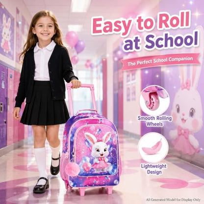 3Pcs Bunny Rolling Backpack for Girls, Kids School Backpacks with Wheels, Roller Bookbag with Lunch Box for Elementary Preschool(Pink) - color: Pink Rabbit