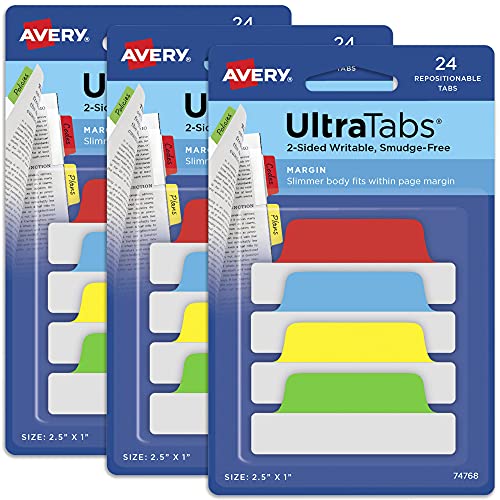 Avery Margin Ultra Tabs, 2.5" x 1", 2-Side Writable, Assorted Colors, 24 Repositionable Page Tabs Per Pack, 72 Total (3-Pack of 74768) - color: Assorted Colors, style: 72 tabs