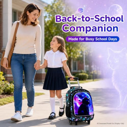 AGSDON 3PCS Rolling Backpack for Girls and Boys, Kids Roller Wheels Bookbag, Wheeled Elementary School Bag with Lunch Bag - color: Planet Cat Roller