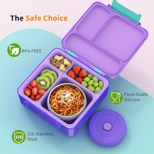 Bento Box for Kids, Lunch Box with Sticker and Leak-Proof Vacuum Food Jar, 4 Compartment BPA-Free Toddler Bento Box for School, Machine-Washable and Removable Compartments for Boy(Purple) - color: Purple