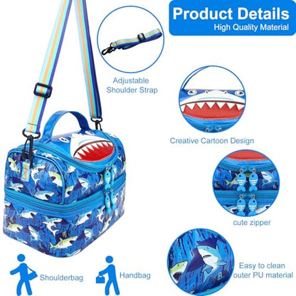 RHCPFOVR Kids Lunch Bag - Double - Decker Cooler Insulated Lunch Box for Boys Girls,Washable Lunch Bag and Reusable Toddler Lunchbox for School and Daycare - color: Blue Shark