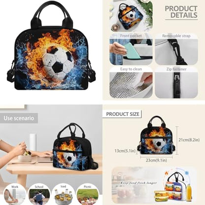 CLOHOMIN Fire Water Football Backpack and Lunch Box Set of 3 Elementary School Bookbag for Kids 5th Grade Thermal Lunchbox Water Bottle Holder Children Book Bag for Boys Girls 7-9 Lunch Bag - color: Fire Water Football