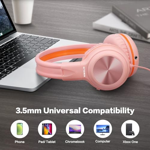 SIMOLIO Manyshare Series- Wired Headphones with Mic & Share Port, Volume Limited, Noise Isolating, Durable Plug in Headphones with Portable Pouch for Kids Girls, School, Travel, Laptop, Tablet (Pink)