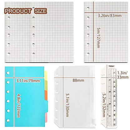 DY.2ten A7 Binder Notebook Refills - 270 Pages Graph Paper + 2 Zipper Binder Pockets + 5 Dividers + Ruler - color: A7 Square Paper