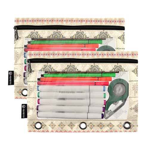 ZAZYXTJ Personalized Western Aztec Binder Pencil Pouchs 3 Ring | with Zipper Clear Window Office Organizers bag for School Students Teacher Supplies 2 Pack - color: Aztec