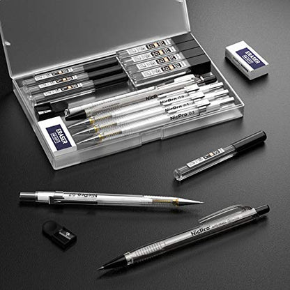 Nicpro 6PCS Art Mechanical Pencil Set, 4PCS Drafting Pencils 0.3 & 0.5 & 0.7 & 0.9 mm & 2PCS 2mm Lead Holder (4B 2B HB 2H) For Writing, Sketching Drawing With 12 Tube Lead Refills Erasers Case