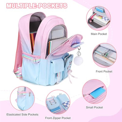 Scothen Backpack for Girls with Bento Lunch Box Set, School Bag Bookbag for Teens Girls Kids Student, 43oz Lunch Containers Lunchbox, Insulated Lunch Bag & Pencial Case, Back to School Gifts - color: Pink Blue