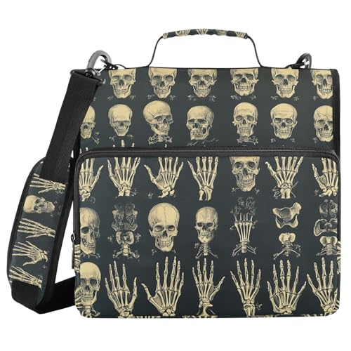 Zipper Binder Skull Skeleton Black Hand Decor Trapper Keeper 3 Ring Binder Bag Multiple Pockets & Storage Organizer, 500 Sheet Capacity with Shoulder Strap - color: Multi-skull