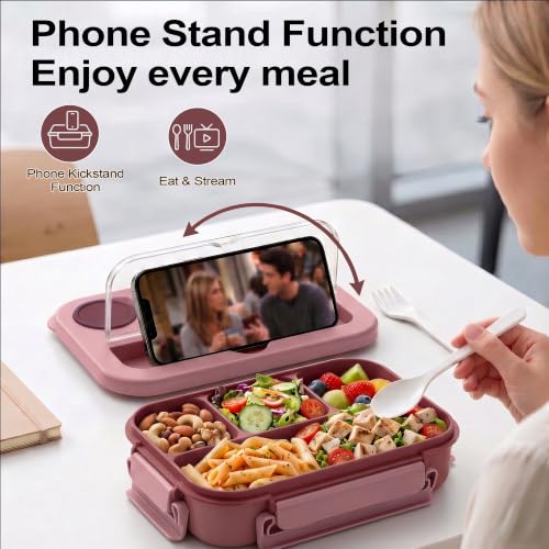 Bento Box Adult Lunch Box, Lunch Containers for Adults 44.5 Oz/5 Cup, Pink | BPA-Free, Lid-Top Sauce Tray, Leak-Proof, 1300mL, Removable Silicone Sealing Ring, Lid-Top Utensil Slot with Included Cutlery - color: Pink