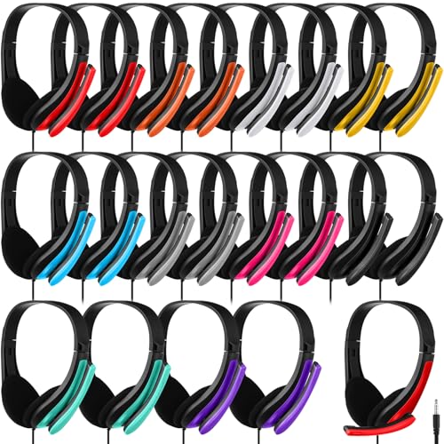 Yunsailing 20 Pack Bulk Classroom Headphones with Microphone Students Wired School Class Set Headphones for School Library Computer Office Adults 3.5 Jack Universal Plug(Multicolor) - color: Multicolor