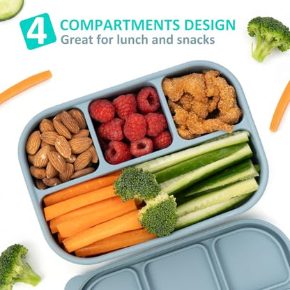 100% Silicone Bento Box Adult with 4 Compartments, 32oz, Reusable Divided Lunch Box Meal Prep Snack Containers for Food Storage, BPA-Free, Plastic-Free, Microwave Dishwasher safe, Nile Blue, 1 Pack - color: Nile Blue | 32oz | 4-Compartment