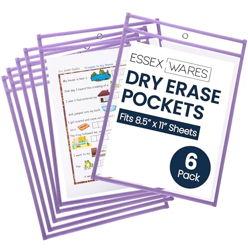 Essex Wares - 6 Pack, Light Purple, Water-Resistant Dry Erase Pocket Document Protectors, 10" Wide x 13.5" Tall - Dry Erase Clear Plastic Sleeves - Reusable & Easy Erase Plastic Invoice Holders - color: Light Purple