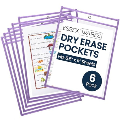 Essex Wares - 6 Pack, Light Purple, Water-Resistant Dry Erase Pocket Document Protectors, 10" Wide x 13.5" Tall - Dry Erase Clear Plastic Sleeves - Reusable & Easy Erase Plastic Invoice Holders - color: Light Purple