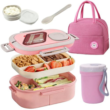 Lunch Box For Women, Bento Box Adult With 2-Tier Container, Lunch Bag, Sauce Pod, Utensil Set. Lunch Containers, Salad Container. BPA-Free, Microwave/Dishwasher Safe (Pink) - color: Pink
