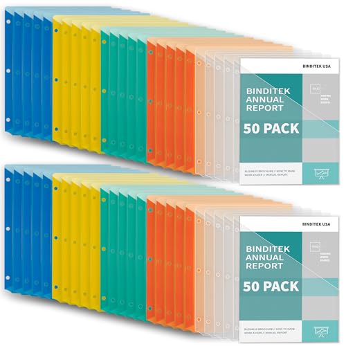 Binditek 50 Pack Poly Slash File Jackets for 3 Ring Binder, 3-Hole Punched Binder Pockets Organizer, Letter Size, 5 Assorted Colors, for Students and Coworkers - size: 50 Pack