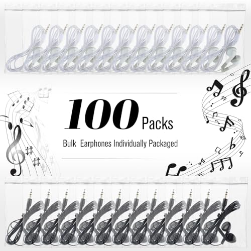 Kanayu 100 Pack Earbuds Bulk Earphones for School Classroom, Student Wired Earbuds Headphones Without Mic, Earphones Bulk for Adults School Library Laptop, Individually Bagged(Black White) - color: Black White