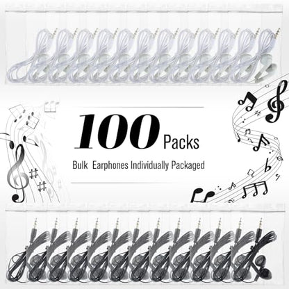 Kanayu 100 Pack Earbuds Bulk Earphones for School Classroom, Student Wired Earbuds Headphones Without Mic, Earphones Bulk for Adults School Library Laptop, Individually Bagged(Black White) - color: Black White