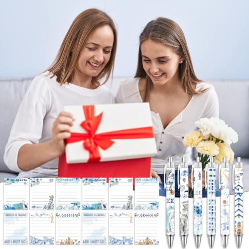 Wxiben Greece Sticky Notes with Pens - 24 Pcs Greece Souvenirs Gifts City Travel Notepads Ballpoint Pens Set Greek Civilization Notes Black Ink Pen for Home Traveler Study Office School Party Favor - color: Greece