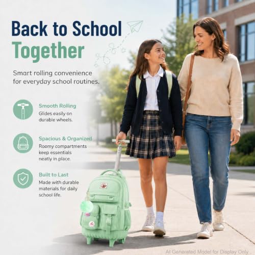WZLVO Rolling Backpack for Women, 21 inch Roller Wheels Backpacks with Lunch Bag, Water Resistant Wheeled Bookbag for Teens Girls Travel Elementary - Green - color: Green