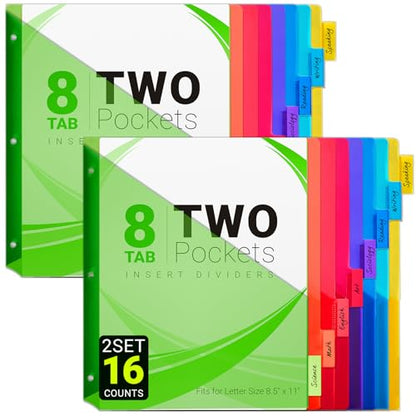 8-Tab Dividers for 3-Ring Binders, 16 Counts 3 Holes Index Dividers with 2 Pockets, Insertable 8 Tabs Binder Divider for 0.5''/1''/2''/3'' Inch Binders, 8 Colors