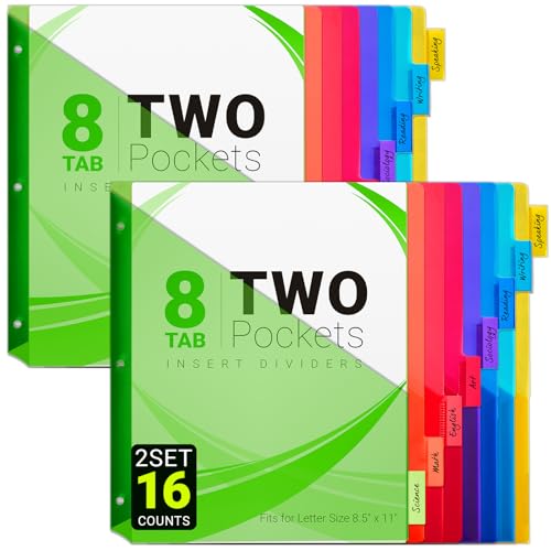 8-Tab Dividers for 3-Ring Binders, 16 Counts 3 Holes Index Dividers with 2 Pockets, Insertable 8 Tabs Binder Divider for 0.5''/1''/2''/3'' Inch Binders, 8 Colors