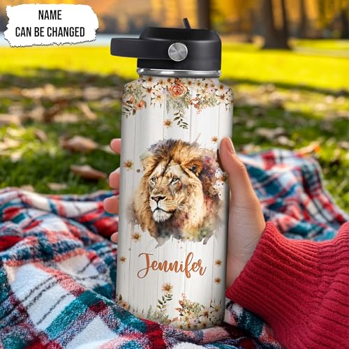Hyturtle Personalized Lion Water Bottle - Custom Name Travel Insulated Stainless Steel Bottle with Leak-Proof Lid 18oz 32oz - Cute Animal Gift for Women, Girls, Lion Lovers - Birthday & Christmas Gift - color: Lion