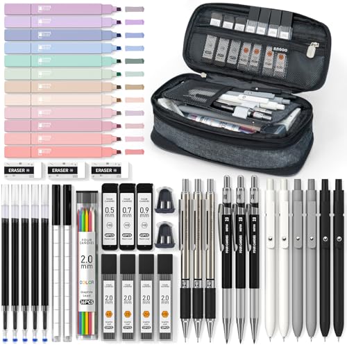 Four Candies School Supplies with Pen Case, 45ct Black | Back to School Stationery Set, Essentials for College & Nursing Students, 6 Gel Pens, 6 Mechanical Pencils, 12 Highlighters - color: Black, size: 45 Count (Pack of 1)