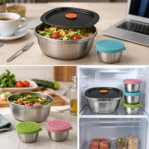 50 Oz Stainless Steel Salad Bowl with Lid, 3 Pack Salad Container for Lunch, Reusable Sealed Meal Prep Bowls with Sauce Dishes and Date Dial, Leak Proof Design for Picnic Kitchen Daily Use