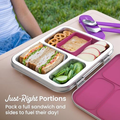 Bentgo Kids Stainless Steel Leak-Resistant Lunch Box - 3-Compartments with Bonus Silicone Container, Durable, Eco-Friendly, Dishwasher Safe, BPA-Free, Ideal for School, Ages 3+ (Fuchsia) - color: Fuchsia