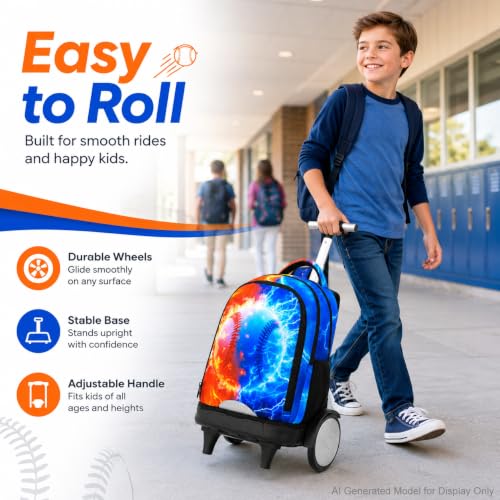 gxtvo Large Wheels & Quiet Glide | Rolling Backpack for Kids - Water-Resistant Wheeled Bag with Lunch Box for School, Travel & Outings - Fire & Lightning Baseball - color: Rolling Backpack Fire Lightning Baseball