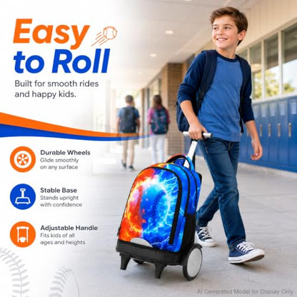 gxtvo Large Wheels & Quiet Glide | Rolling Backpack for Kids - Water-Resistant Wheeled Bag with Lunch Box for School, Travel & Outings - Fire & Lightning Baseball - color: Rolling Backpack Fire Lightning Baseball
