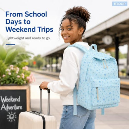 BTOOP School Backpack for Teens Large Cute Bookbag Lightweight 15.6 inch Laptop Bag for Girls Women Casual High School College - color: Blue Bow