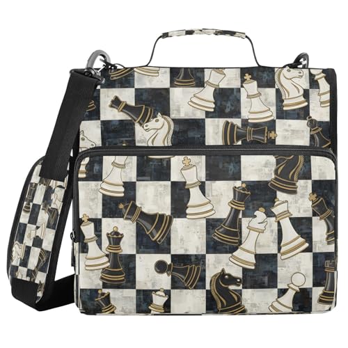 ALAZA Zipper Binder 3 Ring Chess Pieces Black White Checkerboard Binder Organizer with Zipper and Shoulder Strap Large Capacity Multi-Pocket Trapper Keeper File Folder for Office Supplies - color: Multicolored 29