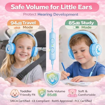 K6 Kids Headphones for Toddler & Kids Ages 2-12, 85/94dB Safe Volume Limited, Wired with 3.5mm Jack, HD Microphone, Adjustable & Foldable, On-Ear Headphones for Tablet, School, Travel (Cyan) - color: Cyan