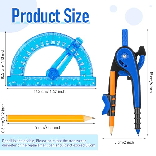 Zonon 2 Pcs Student Protractor and Compass, Student Geometry Math Set Drawing Compass and 180 Degree 6 Inch Protractor with Swing Arm for Drawing Measuring School Office (Deep Blue) - color: Deep Blue