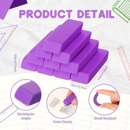 12 Count Purple Pencil Erasers Rectangular Rubber Eraser Bulk for Bag Supplies Gift Teacher Student - color: Purple