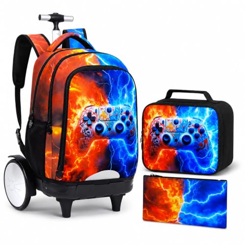 gxtvo Large Wheels & Quiet Glide | Rolling Backpack for Kids - Water-Resistant Wheeled Bag with Lunch Box for School, Travel & Outings - Fire & Lightning Gaming - color: Rolling Backpack Fire Lightning Gaming