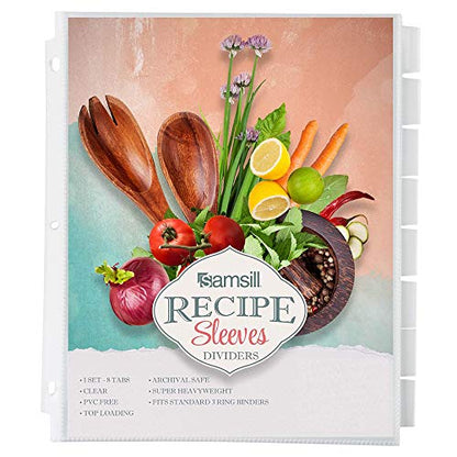 Samsill 8 Tab Recipe Dividers, Recipe Sleeves, Sheet Protector Dividers, with Tab Inserts, Clear, Super Heavyweight, Top Loading, 3 Hole Punched for Standard Letter Size Binders, Archival Safe - size: 1 Pack, style: Tabbed (Letter Size)