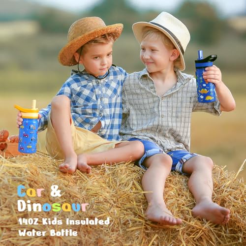 2 Pack Insulated Kids Water Bottle, BUZIO 14oz Stainless Steel Water Bottles with Tritan Straw Lid, BPA-FREE Lead-Free Double Wall Leak Proof Drink Cups Flask for School (Blue Car +Blue Dinosaur) - color: Blue/Blue