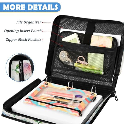 Floral Leaves Zipper Binder with 2 Inch D-Rings Expandable File Portfolio with Shoulder Strap, Waterproof Nylon Organizer for 14" Laptop for Work College Travel