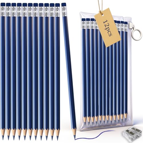 Adhere Navy Blue Colored pencils 12pcs Erasable Checking Pencils Pre-Sharpened #2 HB,for Checking Tests Grading,Map Coloring,editing Office Favors,including a Free sharpener - color: Navy Blue
