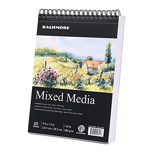 Bachmore Drawing Pad 9X12 Inch (110lb/180g), 60 Sheets, Top Spiral Bound Multi-Media for Artist Pro & Amateurs | Acrylic Art, Ink, Paint, Oil Pastels,Watercolor Mixed Media Sketch - size: 9-x-12-Inch