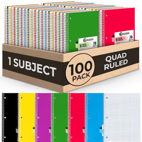 Rosmonde Bulk 1 Subject Spiral Notebook Graph Paper, 100 Pack, 70 Sheets | Bulk 4x4 Grid Quad Ruled Spiral Notebook, 3 Hole Punched, 140 Pages, 8 x 10-1/2, Bulk Quad Ruled Graph Paper Spiral Notebooks - size: 100 Pack