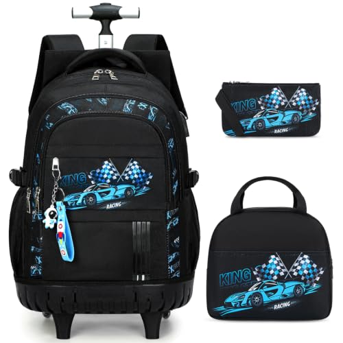 ACESAK Rolling Backpack for Boys, Kids Backpack with Wheels Portable with Insulated Lunch Box & Pencil Case, Multi-Pocket Roller Backpack for Preschool Kindergarten Kids Boys Travel(Blue Car) - color: Blue Car