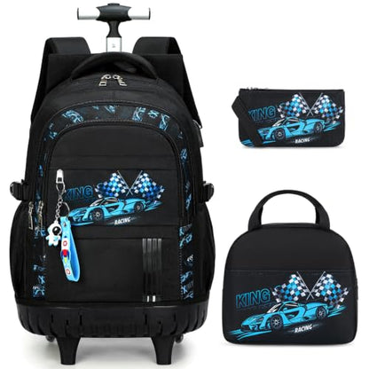 ACESAK Rolling Backpack for Boys, Kids Backpack with Wheels Portable with Insulated Lunch Box & Pencil Case, Multi-Pocket Roller Backpack for Preschool Kindergarten Kids Boys Travel(Blue Car) - color: Blue Car