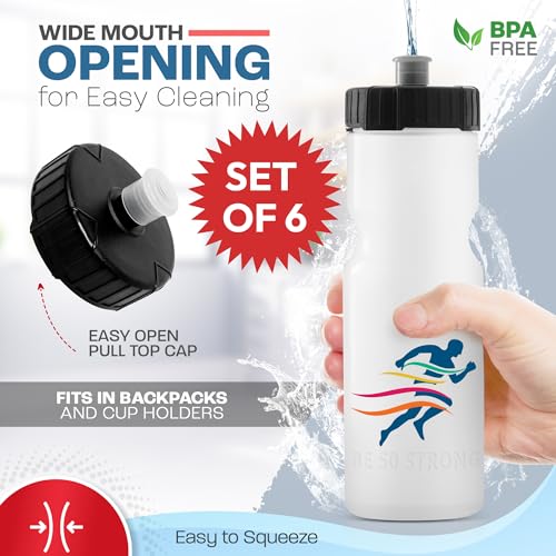 50 Strong Sports Water Bottles – Reusable 22 oz BPA-Free Plastic Bottles with Pull Top Cap – Made in USA – Top Rack Dishwasher Safe – Fits Most Bike Cages Brand - color: Custom, style: 6 Pack